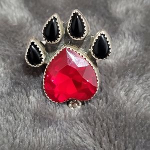 Sterling silver pawprint ring Diamante red glass